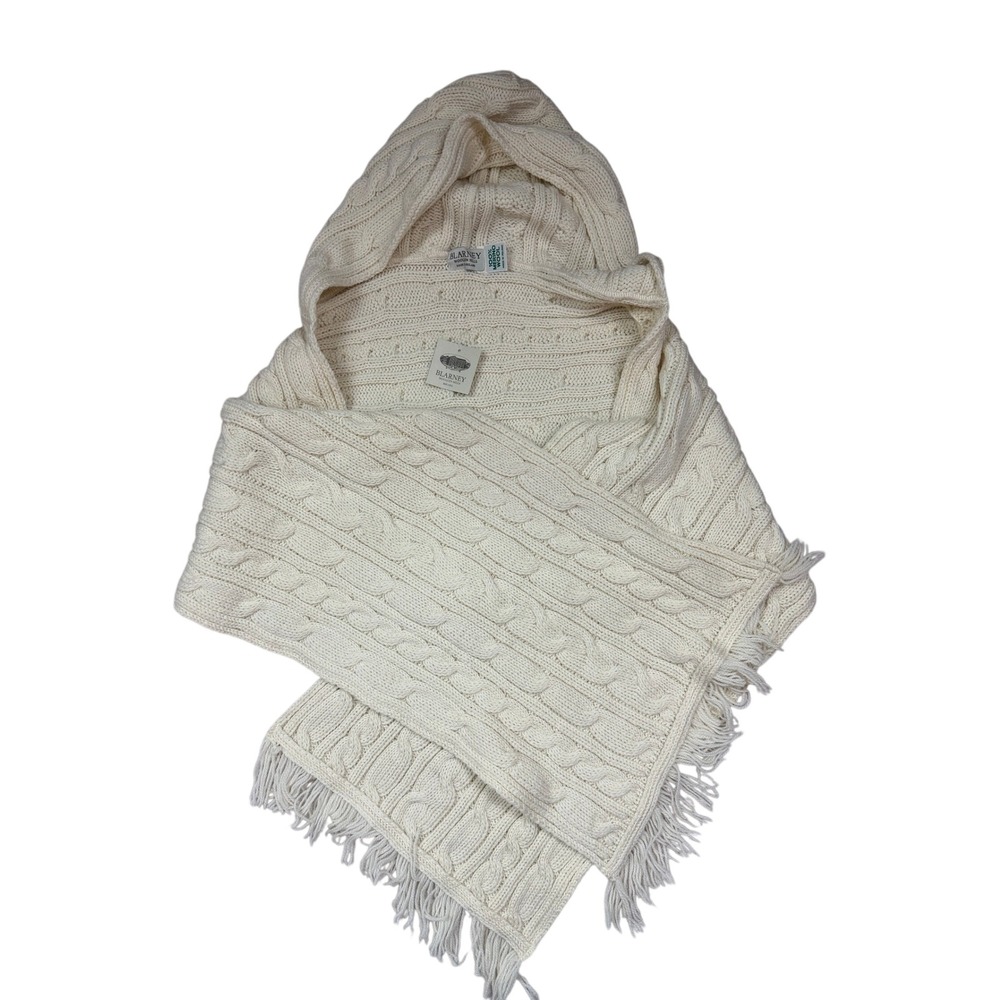 Blarney Woollen Mills Hooded Scarf 100% Merino Wool Cable Knit Cream Ireland NWT